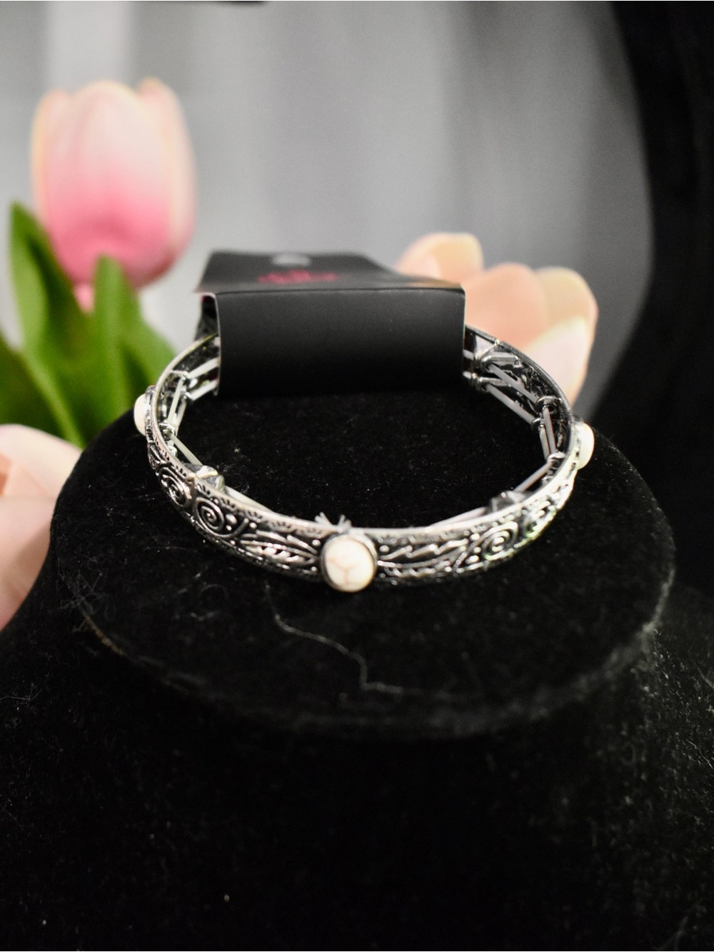 Ornate Silver-Tone Bracelet with Cream Stone Accent